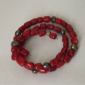 DRT Red coral, freshwater pearl beaded Bracelet. Wire wrap